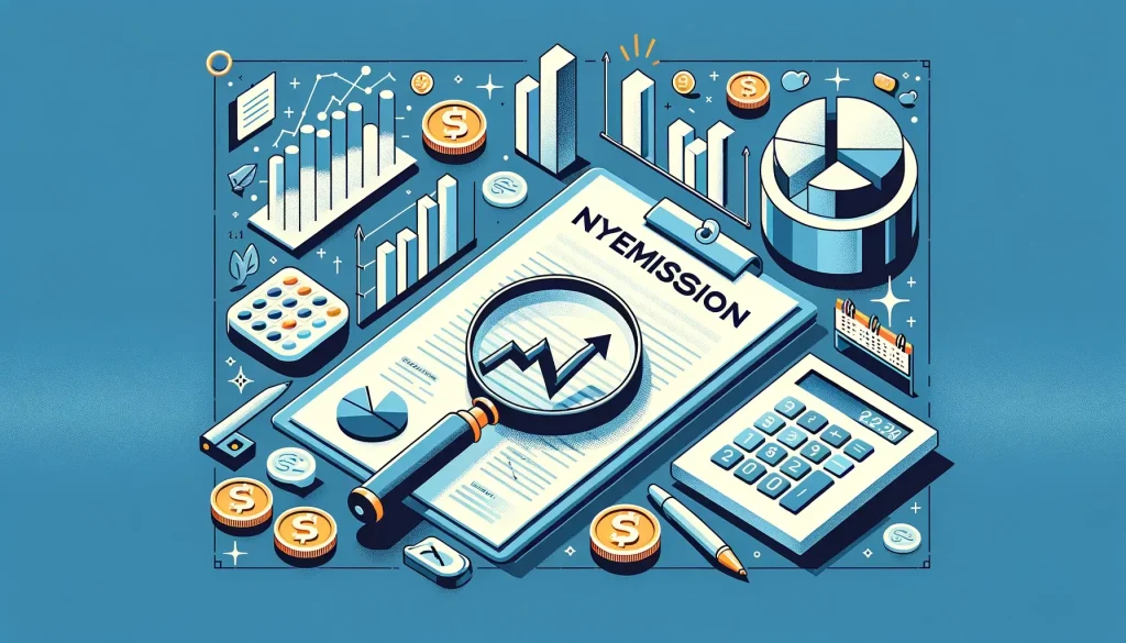 Tecknad bild med föremål som symboliserar aktier, nyemission och ekonomi med blå bakgrund.