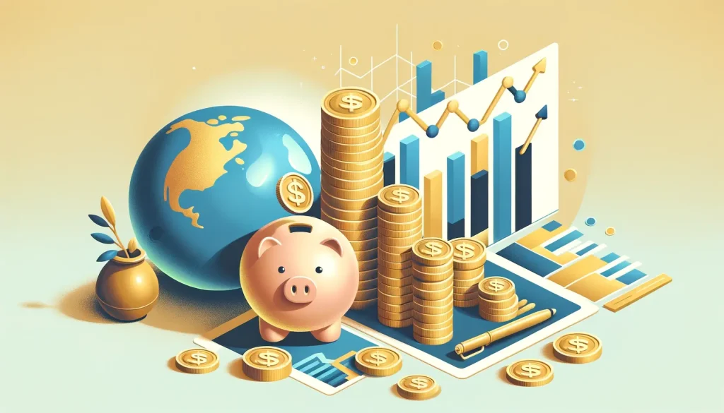 Tecknad bild med grafer, en jordglob, pengar och en rosa spargris