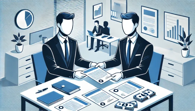 två personer en investerare och en entreprenör byter värdepapper mot pengar i en nyemission