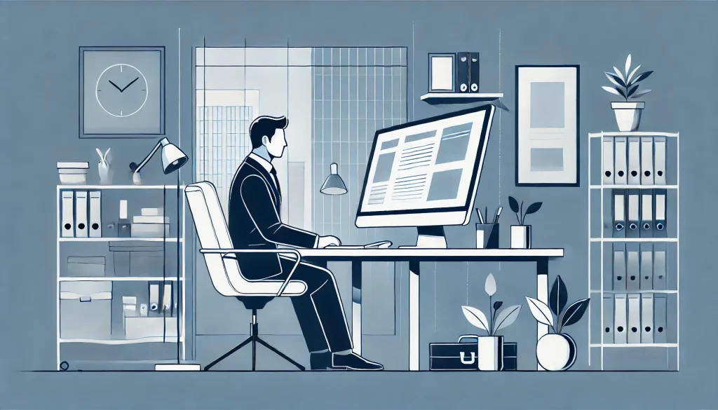 man vid ett skrivbord som värderar ett företag