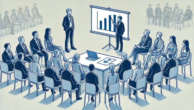 en företagsledare pitchar sitt startup för en grupp investerare