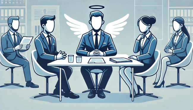 5 personer sitter runt ett bord och förhandlar om en kapitalanskaffning. en av personerna är en affärsängel