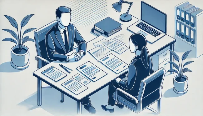 1 riskkapitalist granskar ett affärsförslag vid ett skrivbord, mittemot sitter en kvinnlig entreprenör