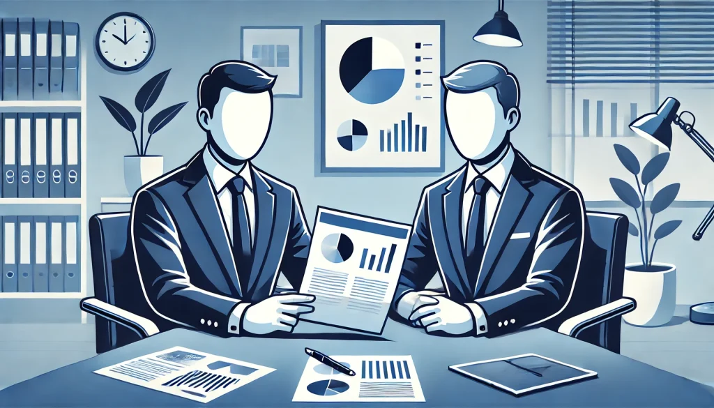 två personer sitter vid ett bord och går igenom ett utskrivet cap table