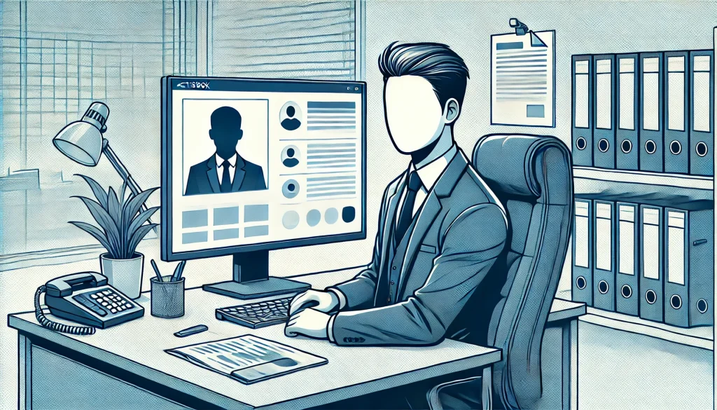 En man sitter vid ett skrivbord och kollar på en digital aktiebok