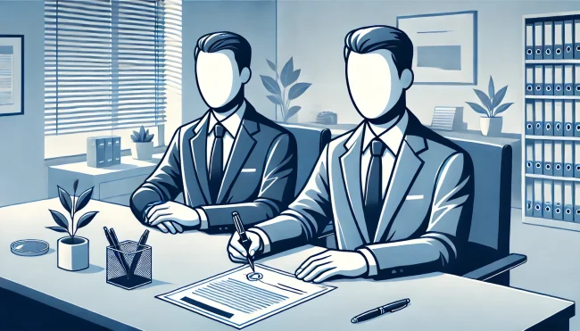 2 personer sitter vid ett skrivbord och skriver under en obligation