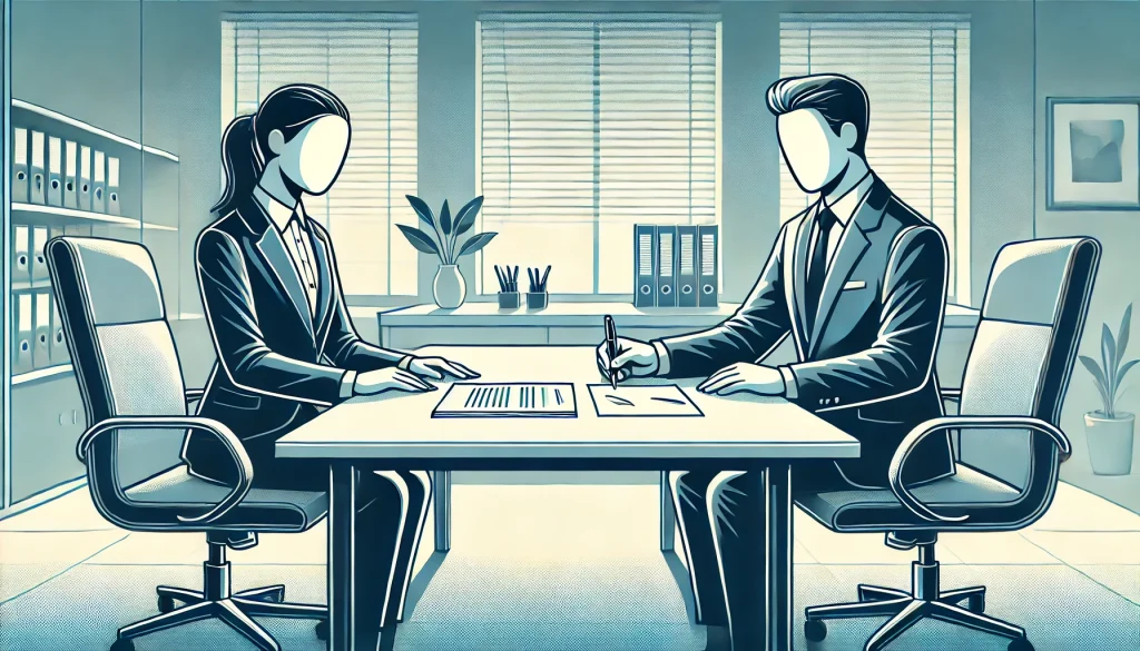 2 personer sitter vid ett skrivbord, den ena signerar en konvertibel