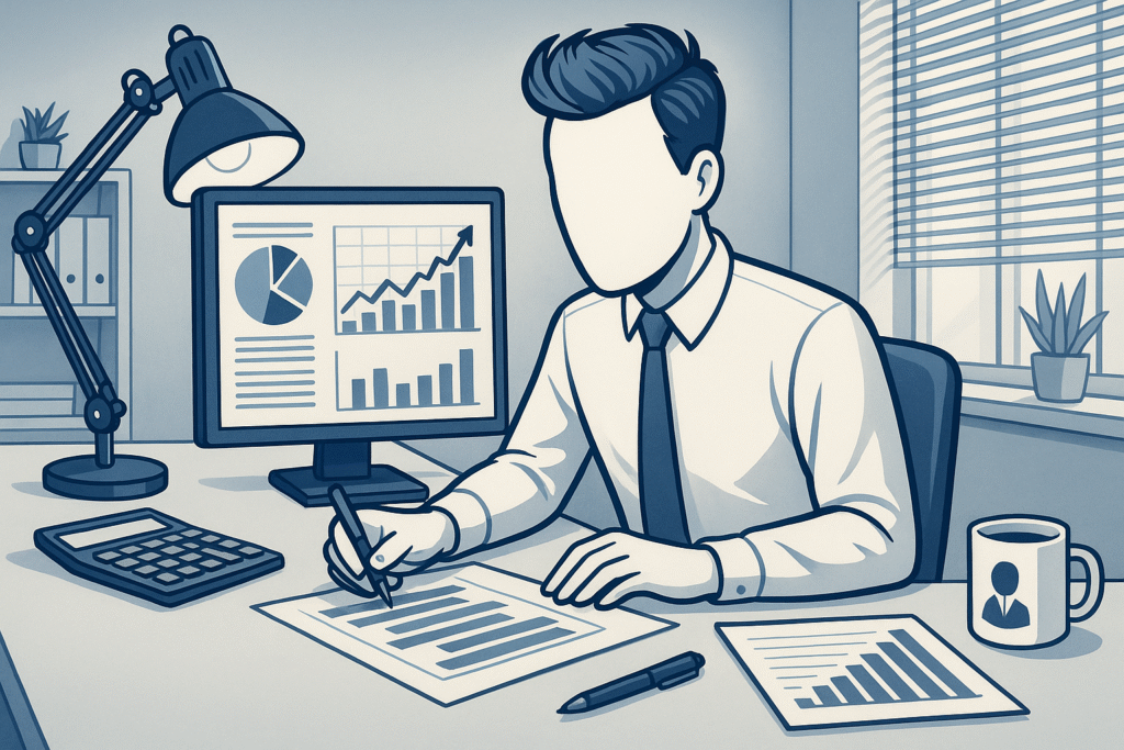 en tecknad gubbe sitte roch gör en kassaflödesanalys framför datorn
