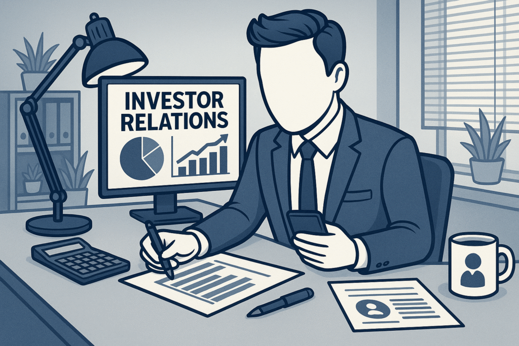 en tecknad gubbe sitter och funderar över företagets investor relations strategier